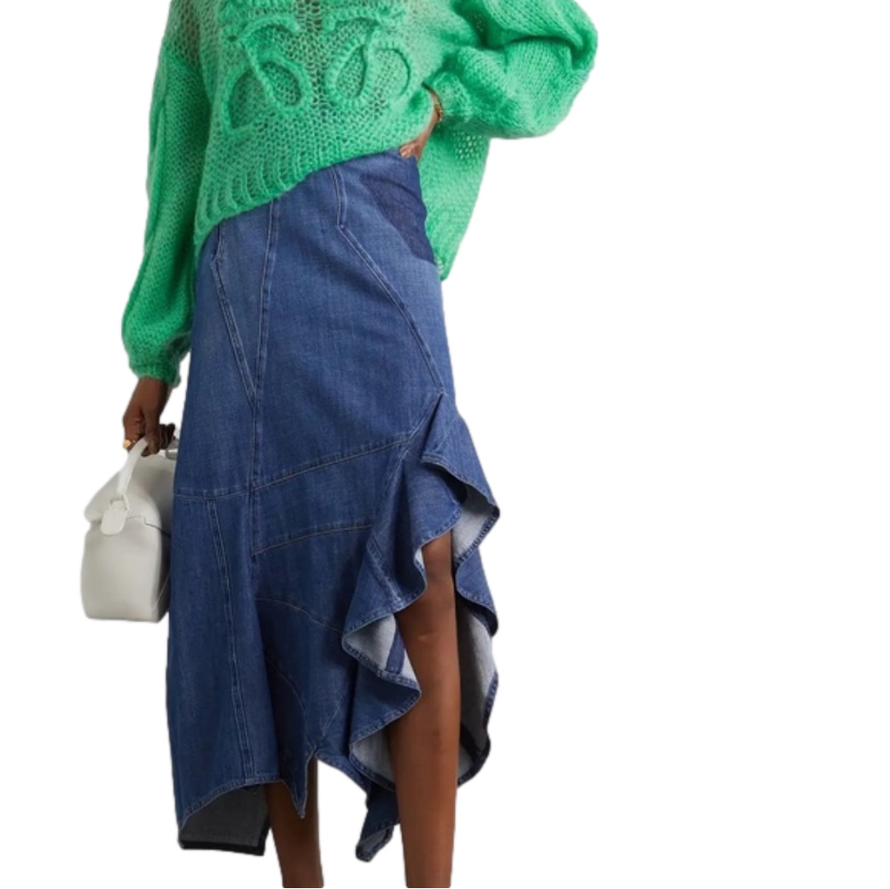 LOEWE Denim Midi ruffle skirt 42 US8 Azul Blue Asymmetrical ruffle hem N…